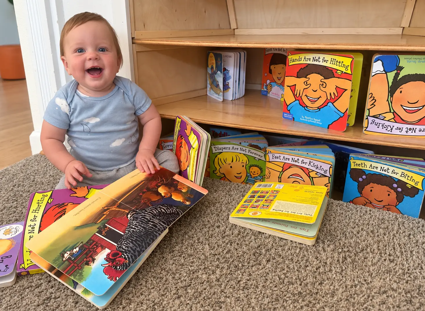 Smiling baby exploring books at Santa's Little Cloud
