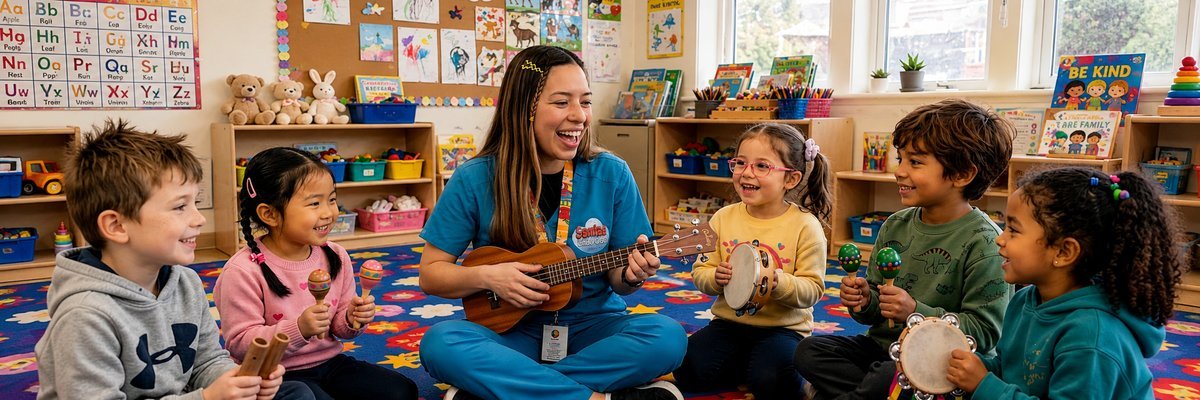 Teacher leading a music activity with children at Santa's Little Cloud